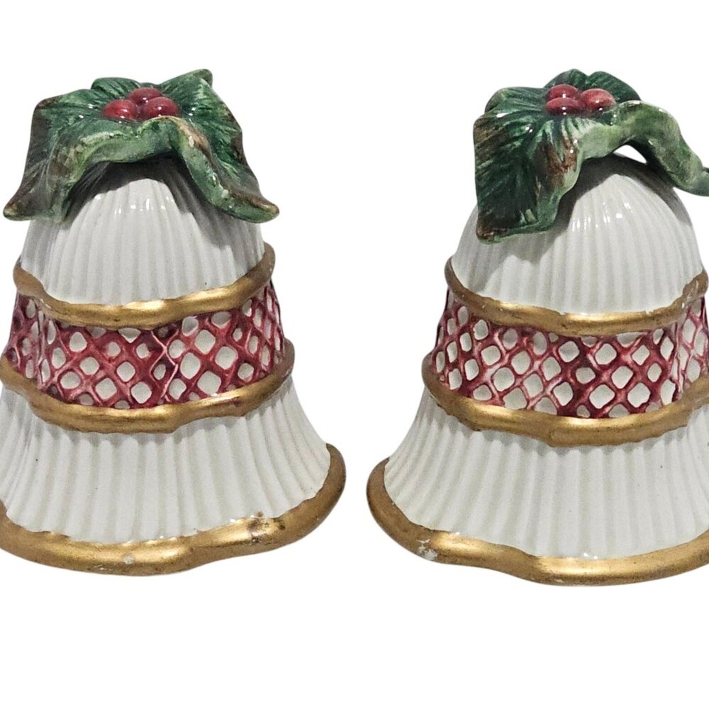 Fitz Floyd Christmas Bells Salt Pepper Shaker Set 3" handpainted vtg Holiday cer